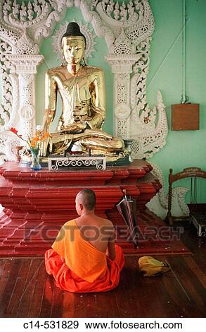 Buddhist monk meditates in front of Buddha statue, Yangon, Burma View Large Photo Image Stock Photo - Buddhist monk meditates in front of Buddha statue, Yangon, Burma. Fotosearch