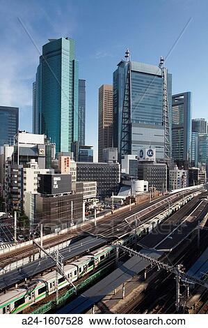 Stock Photo - Bullet train through Central Tokyo, Tokyo, Japan. Fotosearch