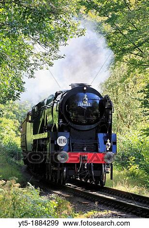 Stock Photo - Bullied Pacific No 34053 4-6-2? Sir Keith Park? thunders through Eyemore woods at Trimpley, Severn Valley Railway, Worcestershire, England, Europe. Fotosearch