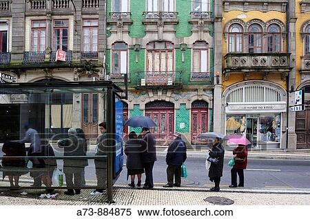 Stock Photography - Bus stop near Bolhao market, Porto. Portugal. Fotosearch