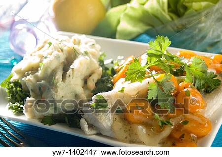 Stock Photo - Butterfish with potato pur? e and carrot sauce. Fotosearch