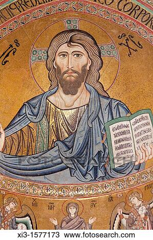 Byzantine mosaic of Christ on the ceiling of Cefalu Cathedral, Piazza Duomo, Cefalu, Sicily, Italy View Large Photo Image Stock Image - Byzantine mosaic of Christ on the ceiling of Cefalu Cathedral, Piazza Duomo, Cefalu, Sicily, Italy. Fotosearch