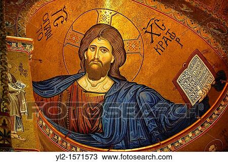 Stock Image - Byzantine mosaics of Jesus Christ in the Cathedral of Monreale - Palermo - Sicily. Fotosearch