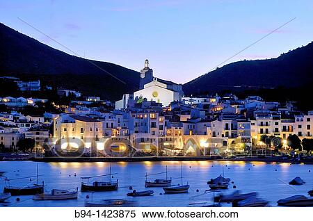 Stock Photography - Cadaqu's town, Church of St. Mary (17th century). Near Cap de Creus peninsula, on the Costa Brava of the Mediterranean. Alt Empord? comarca, Girona, Catalonia, Spain.. Fotosearch