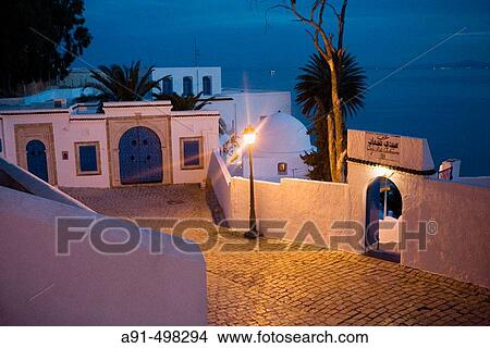 Cafe Sidi Chebaane at night. Village of Sidi Bou Said near Tunis. Tunisia View Large Photo Image Picture - Cafe Sidi Chebaane at night. Village of Sidi Bou Said near Tunis. Tunisia. Fotosearch