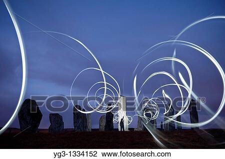 Stock Image - Callanish standing stones at night illuminated by lights, Isle of Lewis, Outer Hebrides, Scotland. Fotosearch