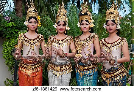 Cambodia, Siem Reap, Dancers in traditional gold costumes View Large Photo Image Stock Photo - Cambodia, Siem Reap, Dancers in traditional gold costumes. Fotosearch