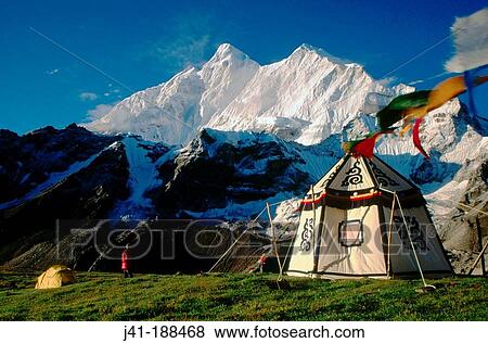 Stock Photo - Camp under Chomolonzo (7. 815 m. ). Tibet. Fotosearch