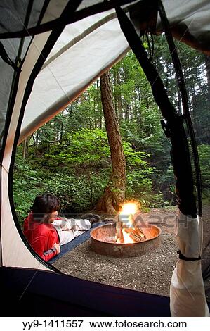 Stock Photo - Campfire Scene - Larrabee State Park, Washington. Fotosearch