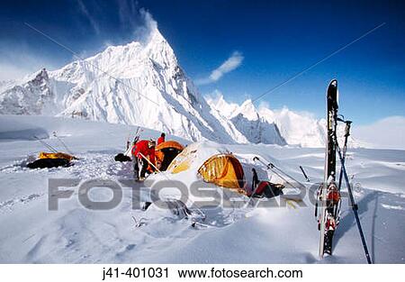 Campsite under iced-up rock spires after storm on Baltoro glacier. Karakoram mountains, Pakistan View Large Photo Image Stock Image - Campsite under iced-up rock spires after storm on Baltoro glacier. Karakoram mountains, Pakistan. Fotosearch