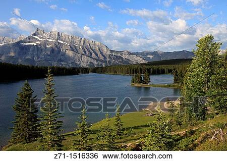 Stock Photograph - Canada, Alberta, Banff National Park, Two Jack Lake, Mount Rundle.. Fotosearch