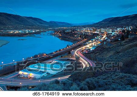 Canada, British Columbia, Kamloops, elevated town view with Overlander Bridge, dusk View Large Photo Image Stock Photo - Canada, British Columbia, Kamloops, elevated town view with Overlander Bridge, dusk. Fotosearch