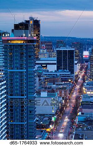 Canada, British Columbia, Vancouver, elevated view West End buildings along Robson Street, dusk View Large Photo Image Stock Image - Canada, British Columbia, Vancouver, elevated view West End buildings along Robson Street, dusk. Fotosearch