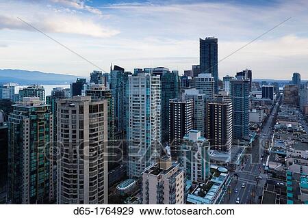 Stock Photo - Canada, British Columbia, Vancouver, elevated view West End buildings along Robson Street. Fotosearch