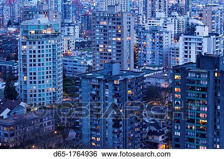 Canada, British Columbia, Vancouver, elevated view West End buildings along Robson Street, dusk View Large Photo Image Stock Photograph - Canada, British Columbia, Vancouver, elevated view West End buildings along Robson Street, dusk. Fotosearch
