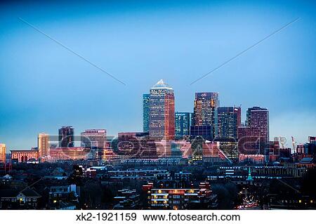 Canary Wharf skyline at dusk, London, UK View Large Photo Image Stock Photo - Canary Wharf skyline at dusk, London, UK. Fotosearch