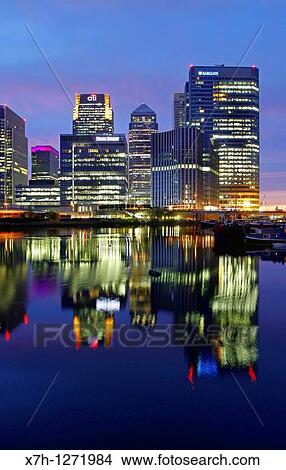Picture - Canary Wharf viewed at night from Blackwall Basin, London, England. Fotosearch