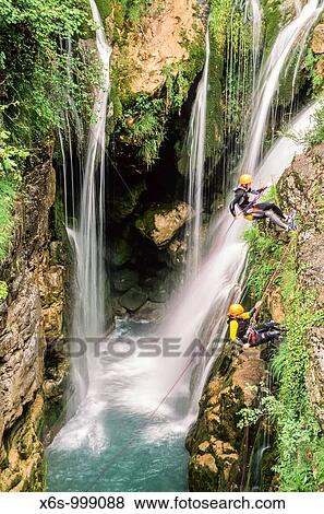 Stock Photo - Canyoning in Aisclo gorge, National Park of Ordesa and Monte Perdido, Huesca, Spain / Descenso de barrancos, Caon de Aisclo, Parque Nacional de Ordesa y Monte Perdido, Huesca, Espaa. Fotosearch