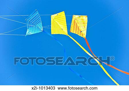 Cape Canaveral, FL - Nov 2008 - Bright yellow and blue triple kite flying in blue sky at Jetty Park in Cape Canaveral, Florida View Large Photo Image Stock Image - Cape Canaveral, FL - Nov 2008 - Bright yellow and blue triple kite flying in blue sky at Jetty Park in Cape Canaveral, Florida. Fotosearch