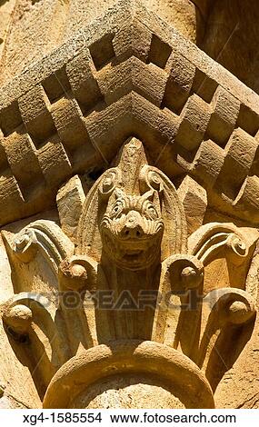Picture - Capital in a window of the Romanesque church of San Pedro de Tejada - Valle de Valdivielso - Burgos - Castilla y Leon - Spain. Fotosearch