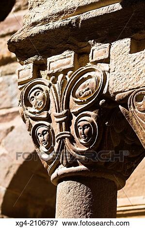 Capital in the Romanesque cloister of the monastery of Santa Maria - L? Estany - Bages - Barcelona - Catalonia - Spain - Europe. View Large Photo Image Stock Photo - Capital in the Romanesque cloister of the monastery of Santa Maria - L? Estany - Bages - Barcelona - Catalonia - Spain - Europe.. Fotosearch