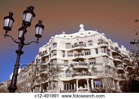Casa Mila (aka La Pedrera, 1906-1012), by Gaudi. Barcelona. Spain View Large Photo Image Stock Image - Casa Mila (aka La Pedrera, 1906-1012), by Gaudi. Barcelona. Spain. Fotosearch