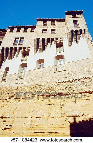 Stock Image - Casas Colgadas, view from below. Tarazona, Zaragoza province, Aragon, Spain.. Fotosearch