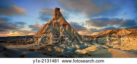 Stock Image - Castildeterra rock formation in the Bardena Blanca area of the Bardenas Riales Natural Park, Navarre, Spain.. Fotosearch