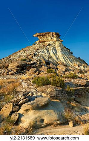 Stock Photo - Castildeterra rock formation in the Bardena Blanca area of the Bardenas Riales Natural Park, Navarre, Spain.. Fotosearch