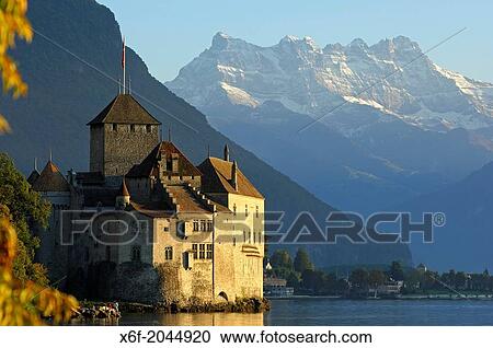 Castle Chillon at Lac Leman and peak Dents du Midi, Montreux, Switzerland. View Large Photo Image Stock Image - Castle Chillon at Lac Leman and peak Dents du Midi, Montreux, Switzerland.. Fotosearch