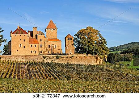 Stock Photo - Castle of Pierreclos, Saone et Loire department, Burgundy region, France, Europe.. Fotosearch