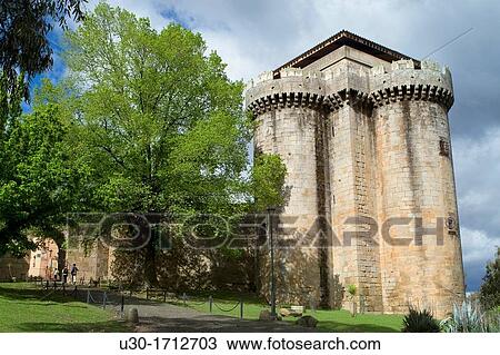 Stock Image - Castle of the deserted and fortified village of Granadilla, declarated Historical-Artistic Site next to the Garbiel y GalBn Reservoir CBceres Extremadura Spain. Fotosearch