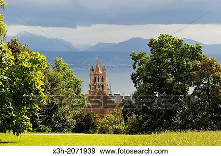 Stock Photo - Cathedral of Notre Dame Tower and Chateau Saint-Maire roof with the Leman Lake in background seen from the gardens of the Fondation de l? Hermitage, Lausanne, Canton of Vaud, Switzerland, Europe. Fotosearch