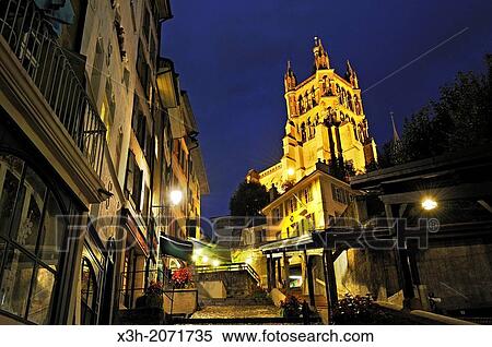 Cathedral of Notre Dame viewed from Escaliers du Marche by night, Lausanne, Canton of Vaud, Switzerland, Europe. View Large Photo Image Stock Photography - Cathedral of Notre Dame viewed from Escaliers du Marche by night, Lausanne, Canton of Vaud, Switzerland, Europe.. Fotosearch
