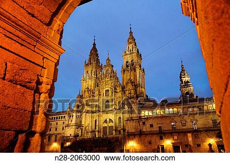 Stock Image - Cathedral on Plaza del Obradoiro square, World Heritage Site, Way of St James, Santiago de Compostela, A Corua, Galicia, Spain. Fotosearch