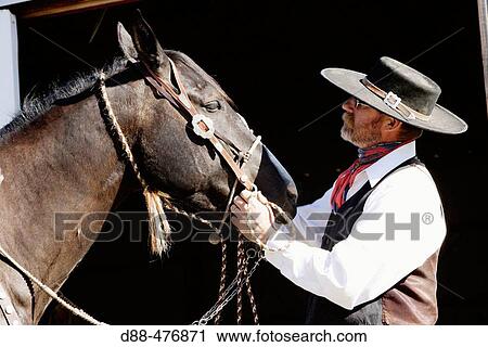 Stock Image - Cattleman with? Quarter horse? and/or? Paint? of USA. Ponderosa Ranch. Seneca. Oregon. USA. Fotosearch