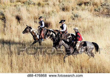 Stock Photo - Cattlemen with? Quarter horse? and/or? Paint? of USA. Ponderosa Ranch. Seneca. Oregon. USA. Fotosearch