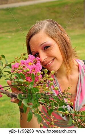 Caucasian 24 year old brown haired female model wearing pink and gray sweater with pink crepe myrtle View Large Photo Image Stock Photo - Caucasian 24 year old brown haired female model wearing pink and gray sweater with pink crepe myrtle. Fotosearch