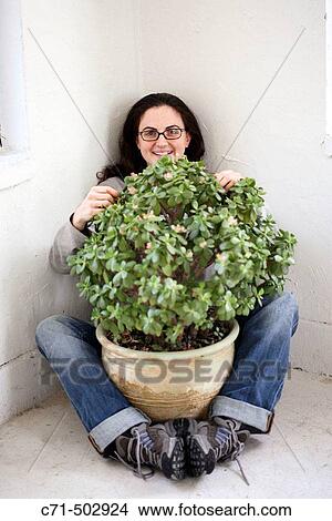 Picture - Caucassian woman sitting in corner with huge jade plant in her lap. Fotosearch