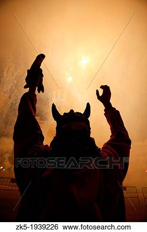 Stock Photograph - Cavalcade of fire, Fallas festival, Valencia, Spain. Fotosearch
