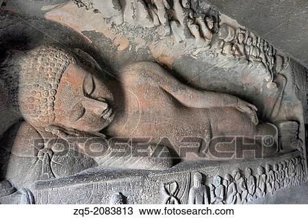 Cave 26: Reclining Buddha with his right hand resting below the face on the cushion. Ajanta Caves, Aurangabad, India. View Large Photo Image Stock Image - Cave 26: Reclining Buddha with his right hand resting below the face on the cushion. Ajanta Caves, Aurangabad, India.. Fotosearch