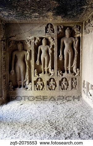 Stock Image - Cave 93: Standing Buddha figures on the left of Verandah. Kanheri Caves, Borivali, Mumbai, Maharashtra, India. Fotosearch