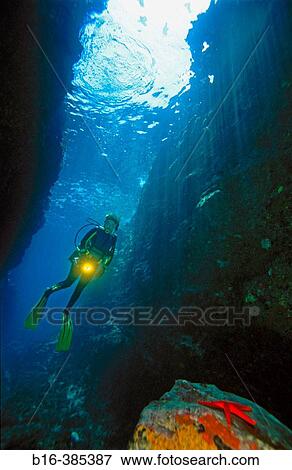 Cave and diver, Mediterranean Sea View Large Photo Image Stock Photo - Cave and diver, Mediterranean Sea. Fotosearch