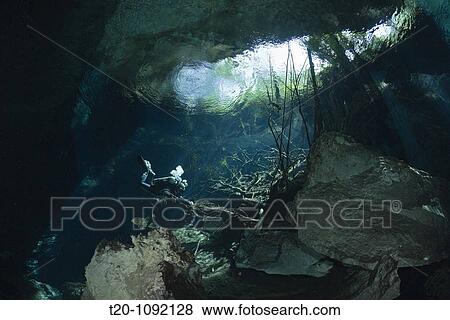 Cave Diver in Chac Mool Cenote, Playa del Carmen, Yucatan Peninsula, Mexico View Large Photo Image Stock Photo - Cave Diver in Chac Mool Cenote, Playa del Carmen, Yucatan Peninsula, Mexico. Fotosearch
