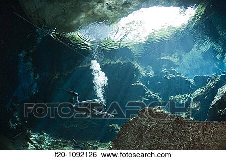 Cave Diver in Chac Mool Cenote, Playa del Carmen, Yucatan Peninsula, Mexico View Large Photo Image Stock Photograph - Cave Diver in Chac Mool Cenote, Playa del Carmen, Yucatan Peninsula, Mexico. Fotosearch