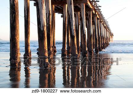 Cayucos pier pilings are reflected in the sandy water as the ocean waves come in View Large Photo Image Stock Photo - Cayucos pier pilings are reflected in the sandy water as the ocean waves come in. Fotosearch