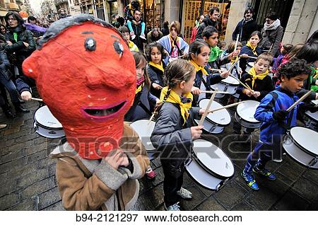 Stock Photo - Celebration of saint Eulalia martyr, February 12. 290-303 AD. Canonized 633 AD. Copatron of Barcelona. Ciutat vella district. Barcelona. Catalonia. Spain.. Fotosearch