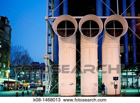 Stock Image - Center Pompidou, Beaubourg, Museum Contemporary Art Museum, night, France, Paris. Fotosearch