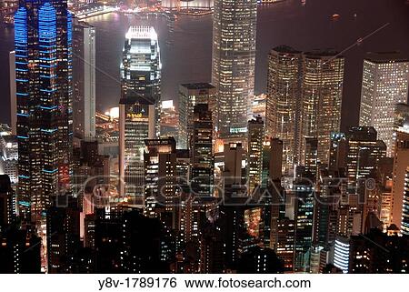 Stock Photograph - Central Districts and Victoria at night, view from The Peak. Fotosearch