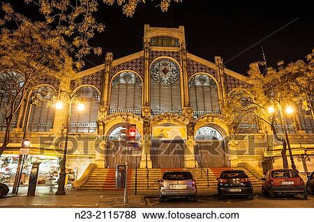Central Market at night, Valencia, Spain. View Large Photo Image Stock Photo - Central Market at night, Valencia, Spain.. Fotosearch